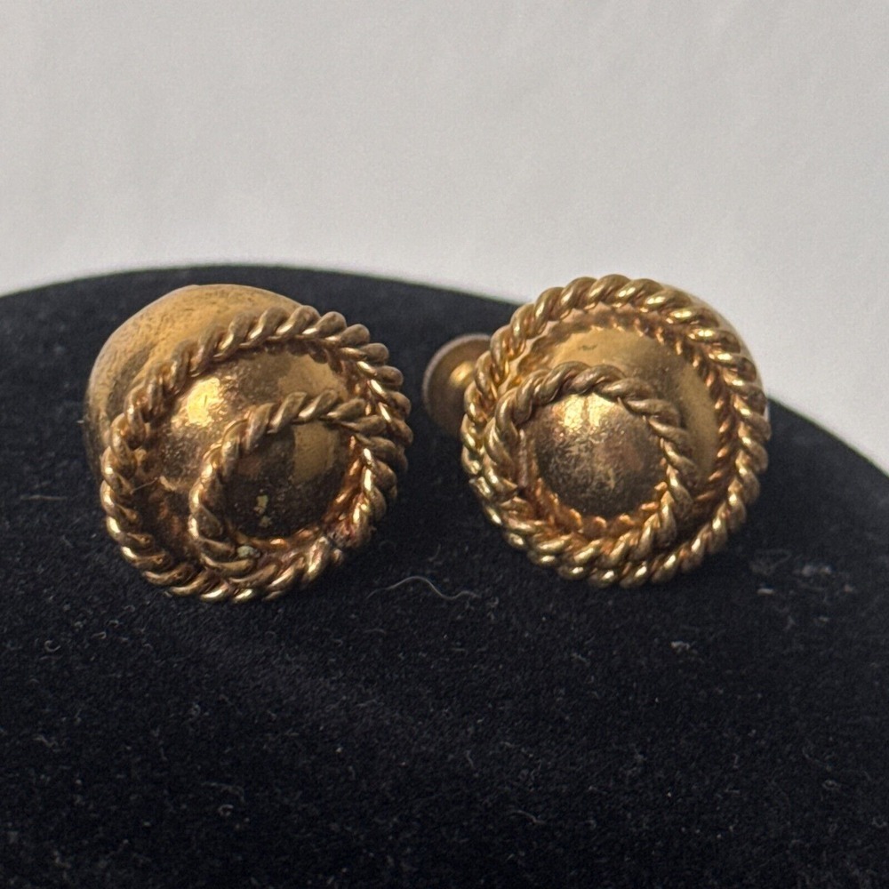 Vintage Gold Tone Dome Earrings‎ Twisted Rope Screw Back Retro Metal Jewelry